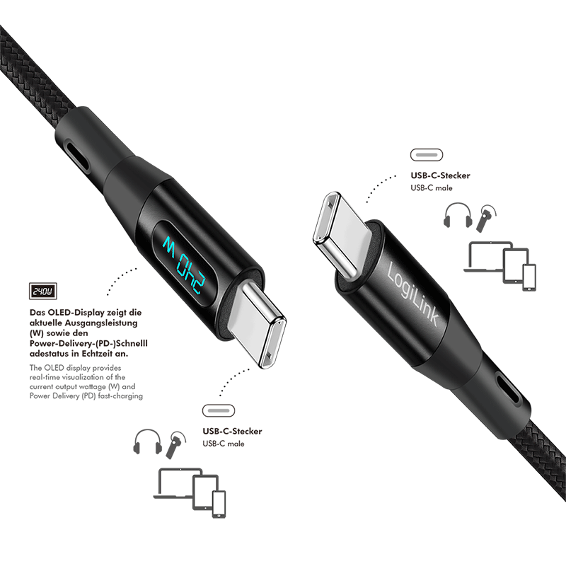 USB 2.0 USB-C to USB-C cable, 240 W, with OLED display — 3