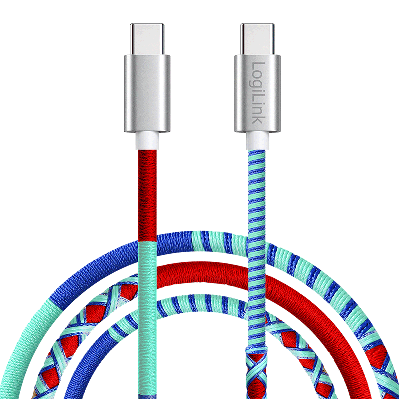 USB 2.0 USB-C to USB-C cable, 60 W, blue/red/turquoise, 1 m — 2