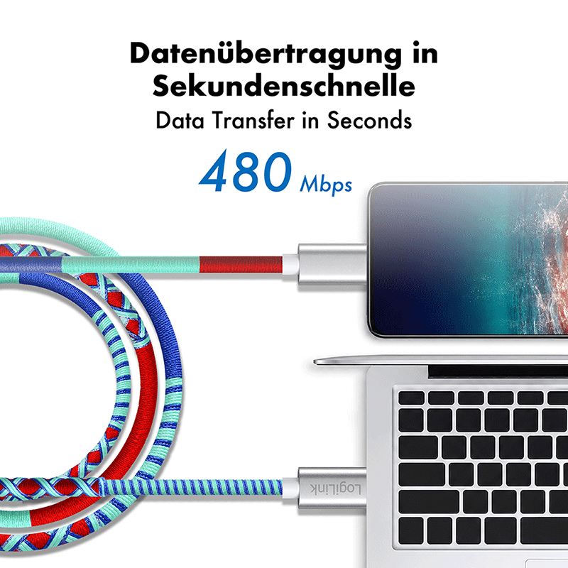 USB 2.0 USB-C to USB-C cable, 60 W, blue/red/turquoise, 1 m — 6