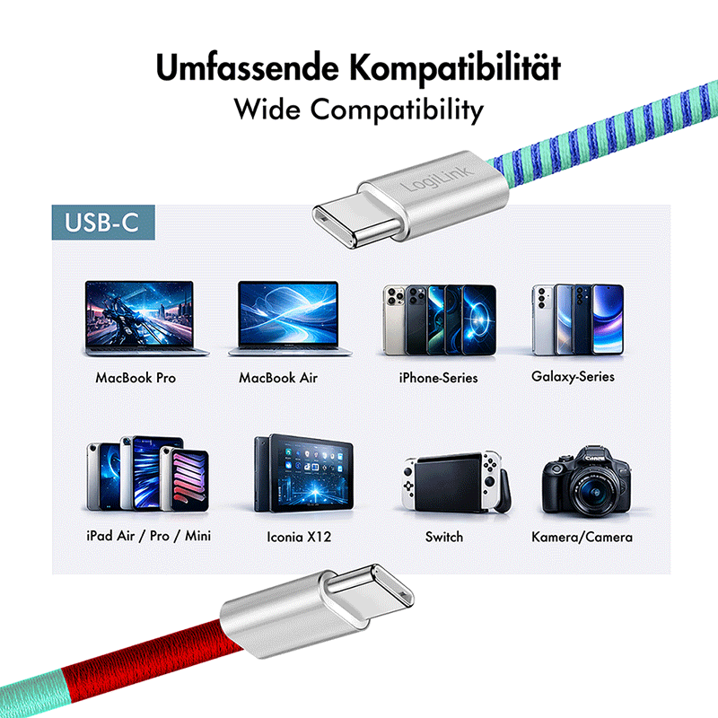 USB 2.0 USB-C to USB-C cable, 60 W, blue/red/turquoise, 1 m — 7