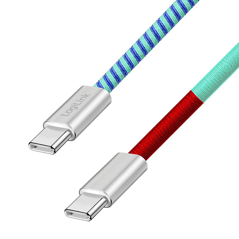 USB 2.0 USB-C to USB-C cable, 60 W, blue/red/turquoise, 1 m