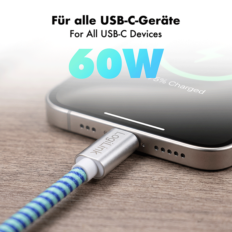 USB 2.0 USB-C to USB-C cable, 60 W, blue/red/turquoise, 1 m — 4