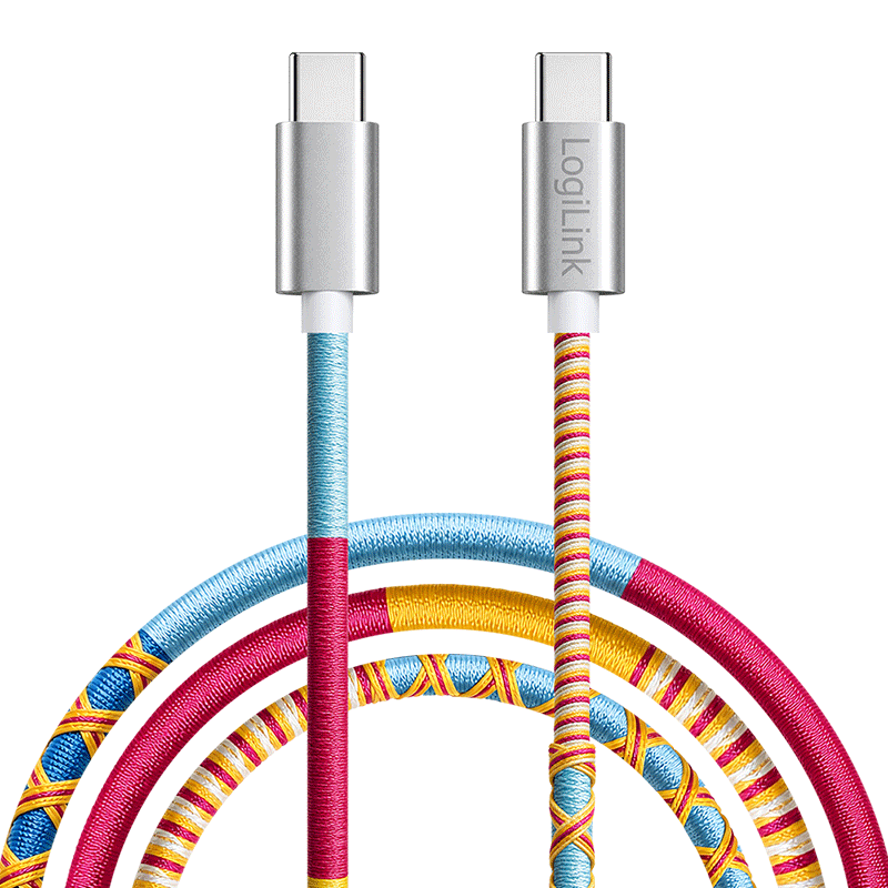 Kabel USB 2.0 USB-C do USB-C, 60 W, żółto-czerwono-turkusowy — 2