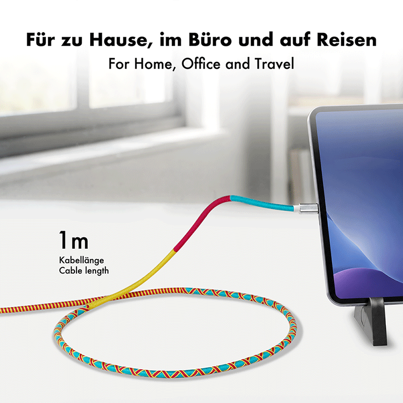 Kabel USB 2.0 USB-C do USB-C, 60 W, żółto-czerwono-turkusowy — 5