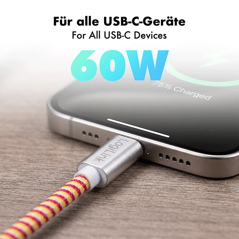 Kabel USB 2.0 USB-C do USB-C, 60 W, żółto-czerwono-turkusowy — 4