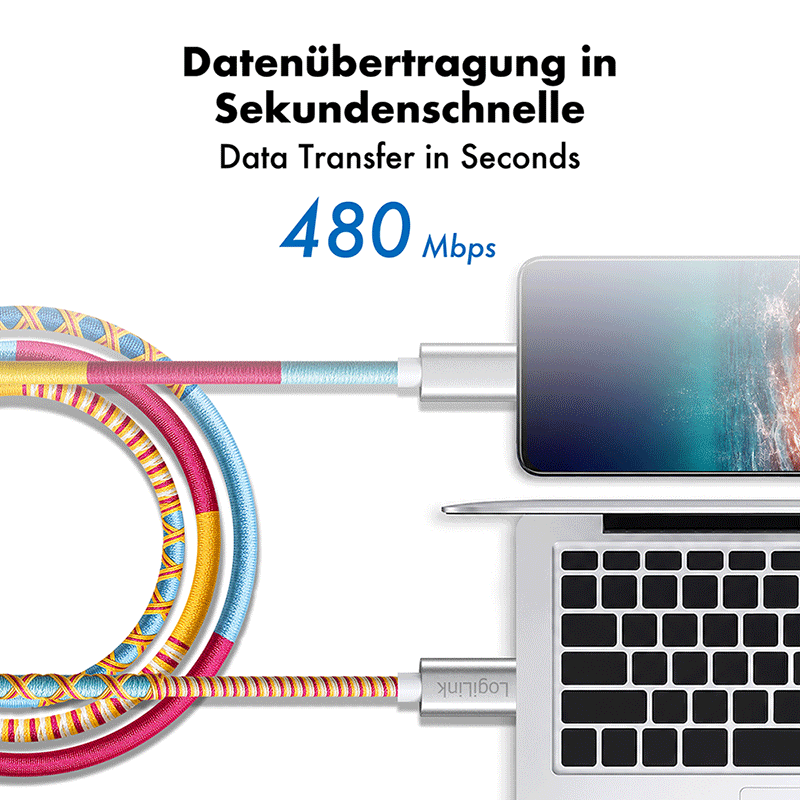 Kabel USB 2.0 USB-C do USB-C, 60 W, żółto-czerwono-turkusowy — 6