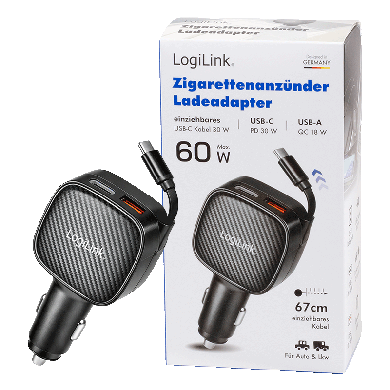 USB car charger with 3 outputs and retractable USB-C cable, 60W — 9