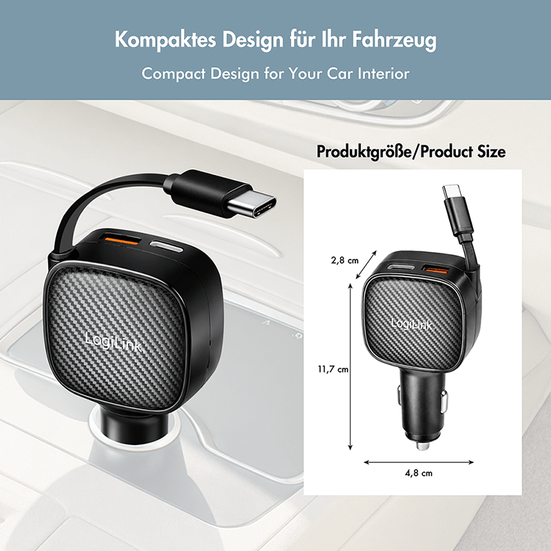 USB car charger with 3 outputs and retractable USB-C cable, 60W — 6