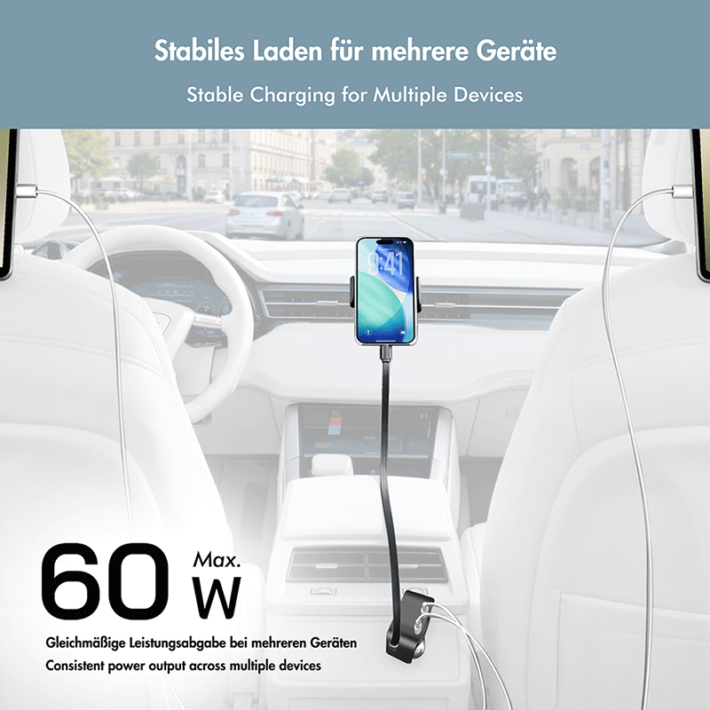 USB car charger with 3 outputs and retractable USB-C cable, 60W — 3