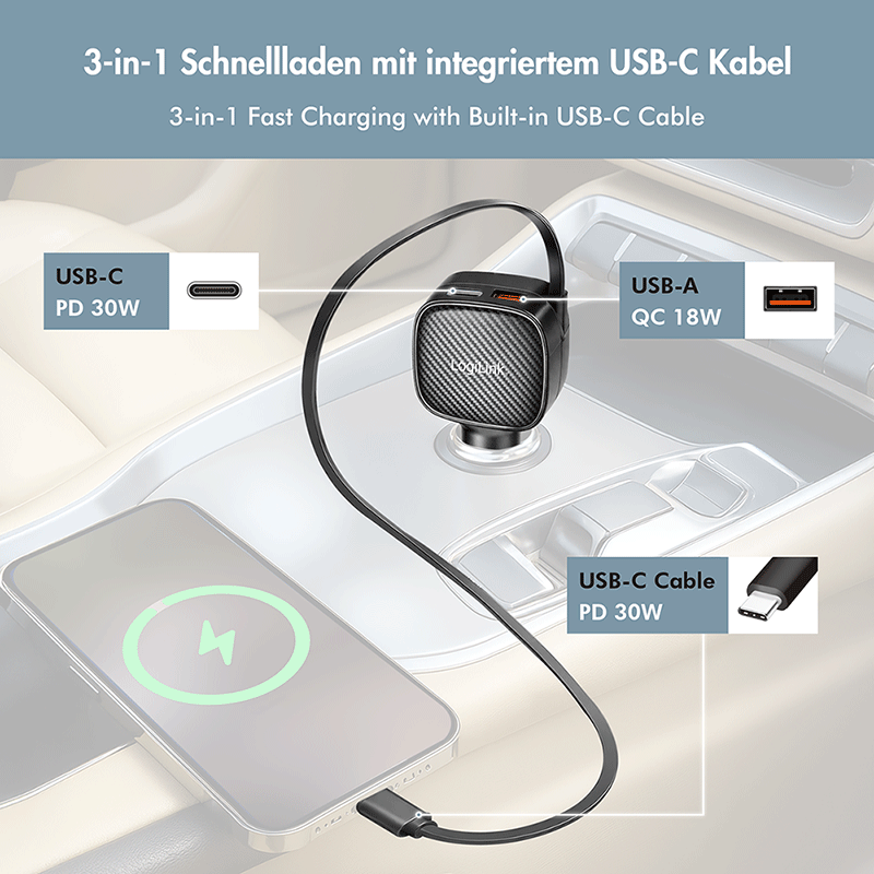 USB car charger with 3 outputs and retractable USB-C cable, 60W — 2