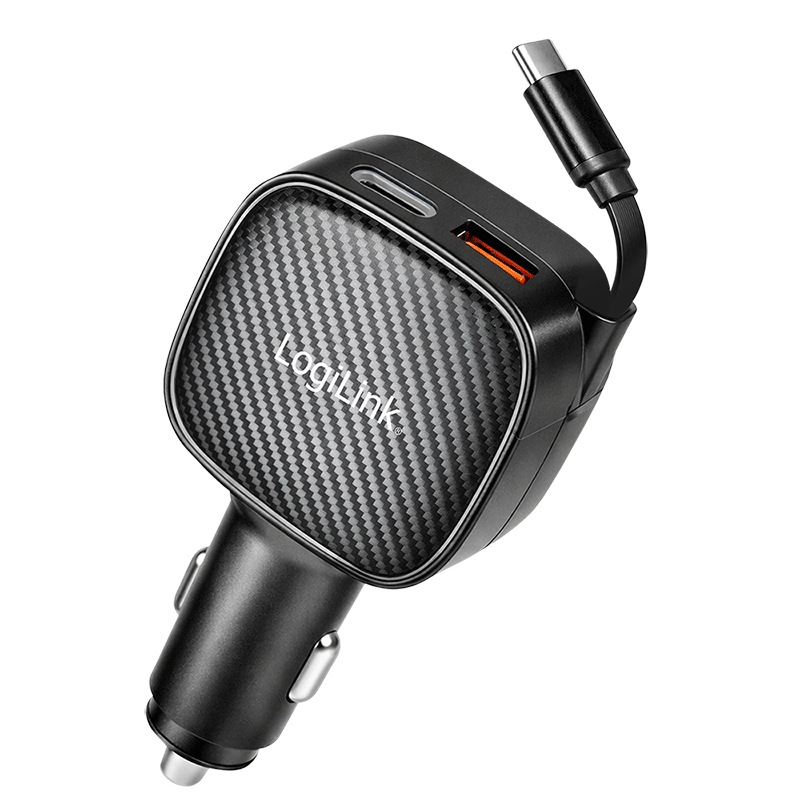 USB car charger with 3 outputs and retractable USB-C cable, 60W — 1