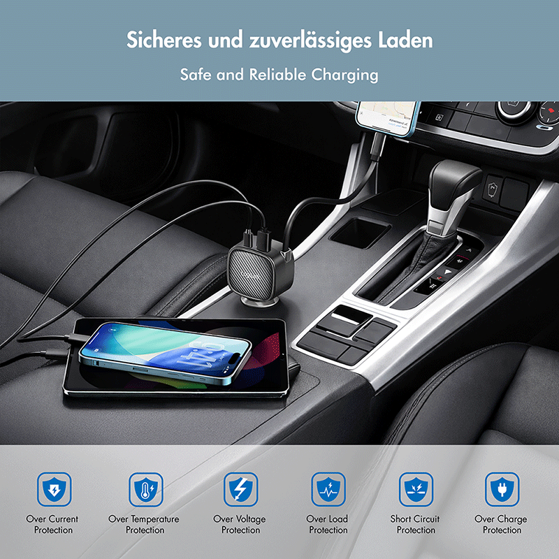 USB car charger with 3 outputs and retractable USB-C cable, 60W — 5