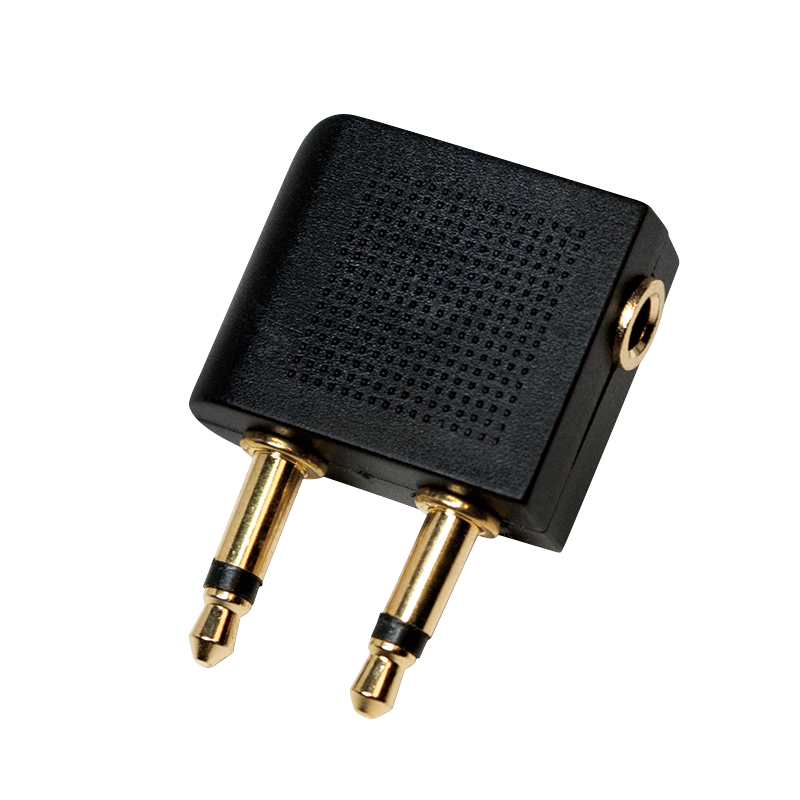 Audio adapter for aircraft seat socket, 2× 3.5 mm TS male to 3.5 mm TRS female, 90° angled, black